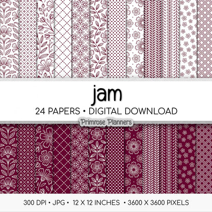 Burgundy Jam Red Floral Digital Paper, Minimal White Flower Seamless Patterns, Deep Wine Scrapbook Backgrounds