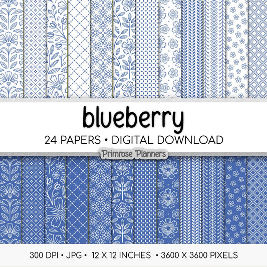 Blueberry and White Digital Paper, Minimalist Boho Patterns, Deep Country Blue Scrapbooking, Farmhouse & Kitchen Print