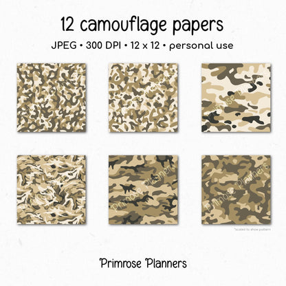Desert Camouflage Digital Paper Pack, Dusty Brown Army Craft Pattern (Instant Download)