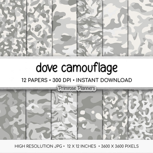 Dove Gray Camouflage Digital Paper, Monochrome Army Scrapbook Background (Instant Download)