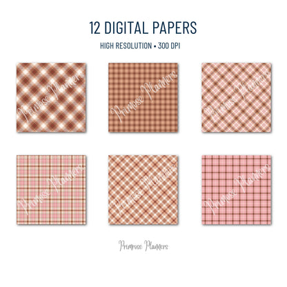 Chocolate Brown and Pink Patterns, Maroon Buffalo Check, Rustic Heart Day Backgrounds, Valentine Plaid Digital Paper, Commercial Use