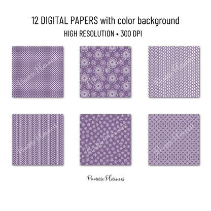 Muted Mauve Purple Digital Paper Minimal Boho | White Dusty Rose Seamless Patterns | Dainty Floral Scrapbook Pack