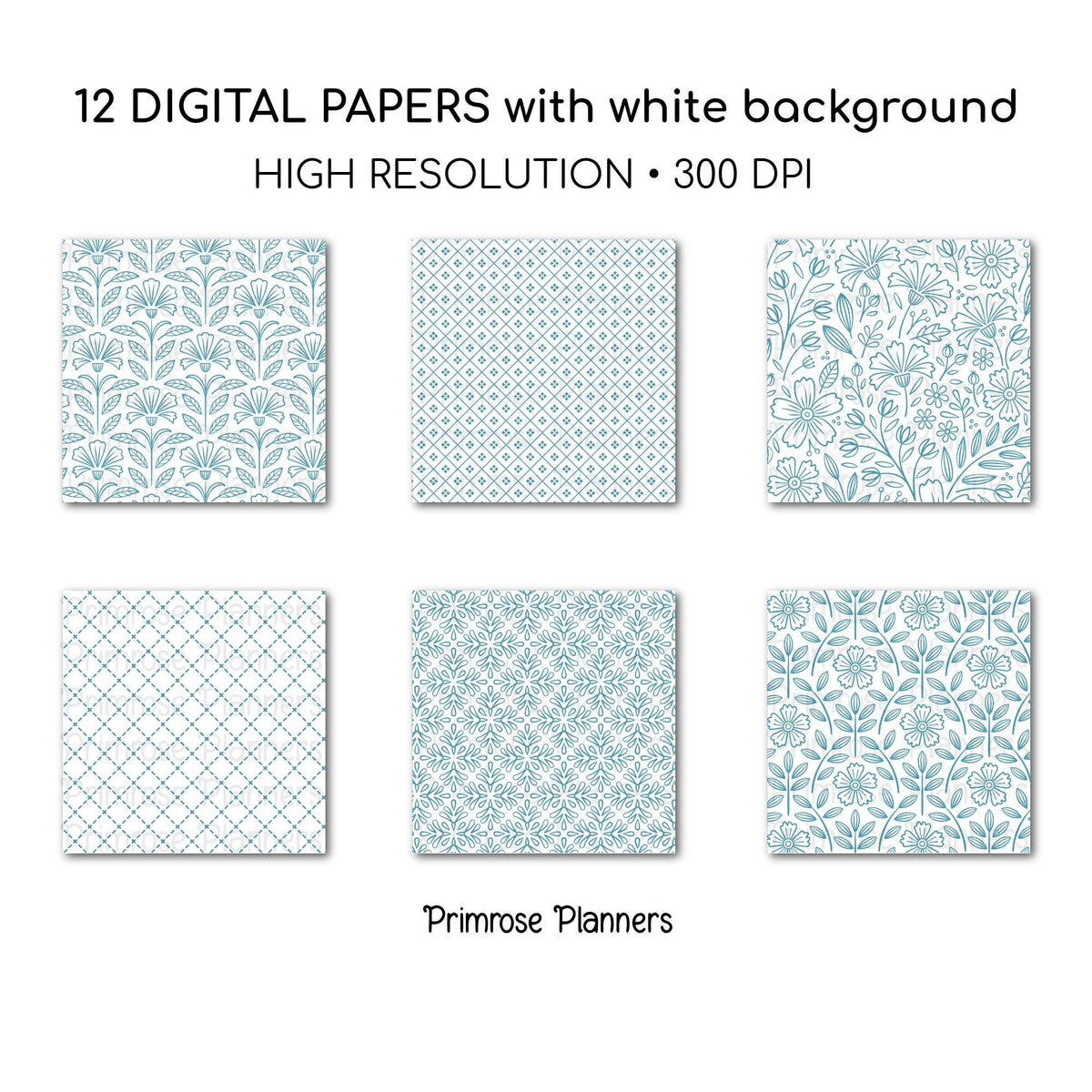 Muted Teal Floral Digital Paper, Minimal White Flower Patterns, Dusty Blue Green Scrapbook Backgrounds