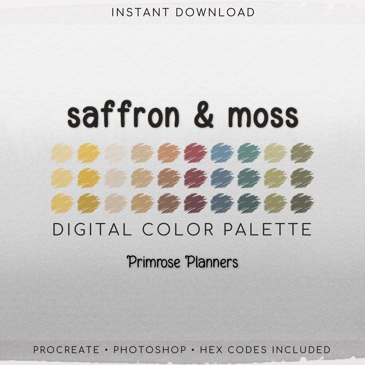 Boho Autumn Procreate Palette & Photoshop Swatches, Saffron Yellow Maroon Olive Green Teal, Retro Fall, Hex Codes