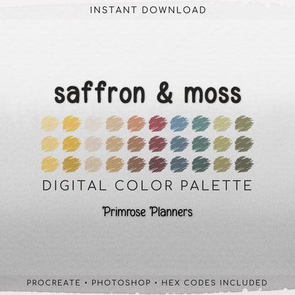 Boho Autumn Procreate Palette & Photoshop Swatches, Saffron Yellow Maroon Olive Green Teal, Retro Fall, Hex Codes