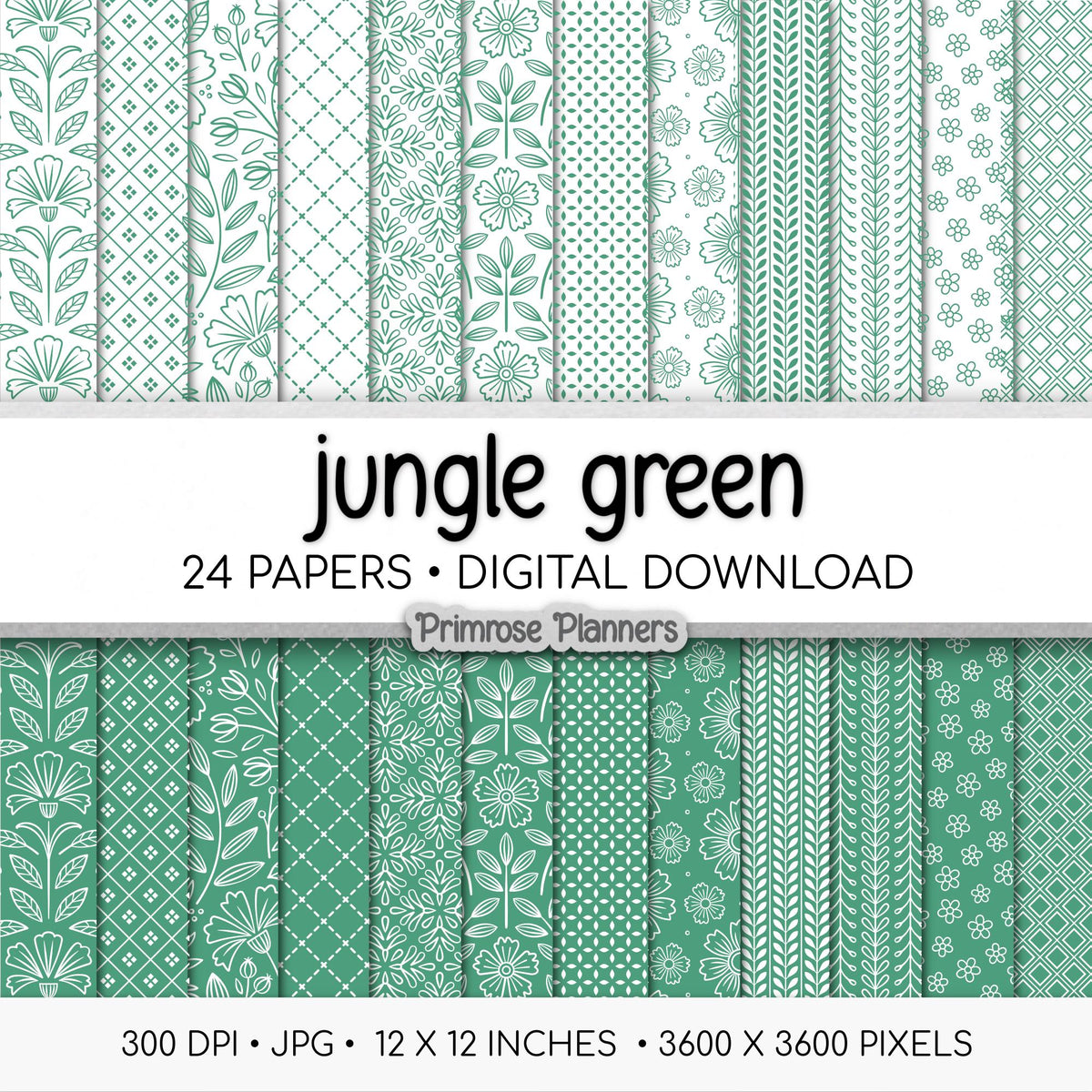 Emerald Green Digital Paper | Minimal Floral & Geometric Patterns | Jungle Green, White | Printable Scrapbook Backgrounds