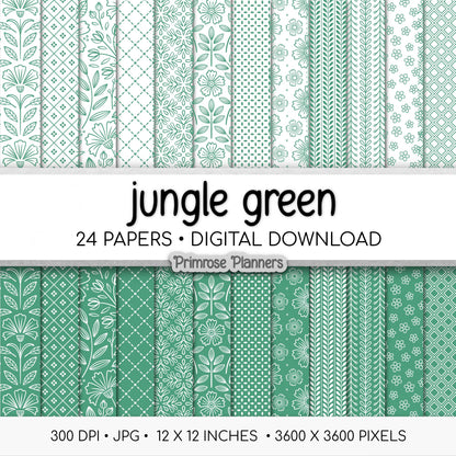 Emerald Green Digital Paper | Minimal Floral & Geometric Patterns | Jungle Green, White | Printable Scrapbook Backgrounds
