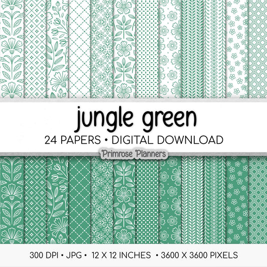 Emerald Green Digital Paper | Minimal Floral & Geometric Patterns | Jungle Green, White | Printable Scrapbook Backgrounds
