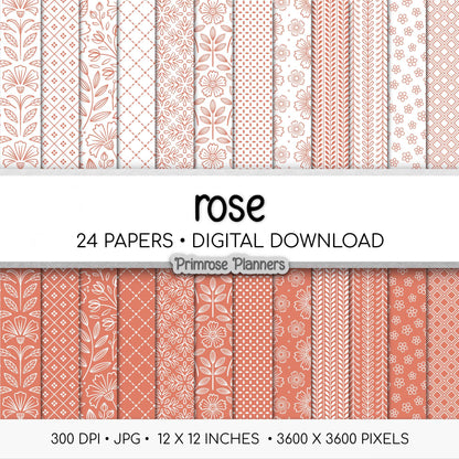 Rose Red Digital Paper, Minimal Boho Floral Patterns, Berry Red & White Scrapbook Paper, Romantic Botanical Background
