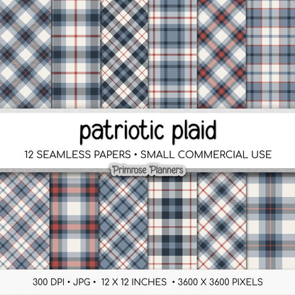 Patriotic Plaid Digital Paper, Red White Navy Blue, Seamless Americana Tartan, Nautical Lake House Patterns, Commercial Use, 300 DPI
