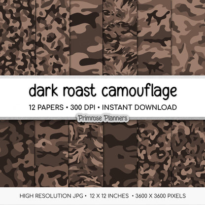 Camouflage Print Digital Paper, Black Brown Cream Army Pattern, Hunting Scrapbook Backgrounds, Neutral Camo Craft Paper Download