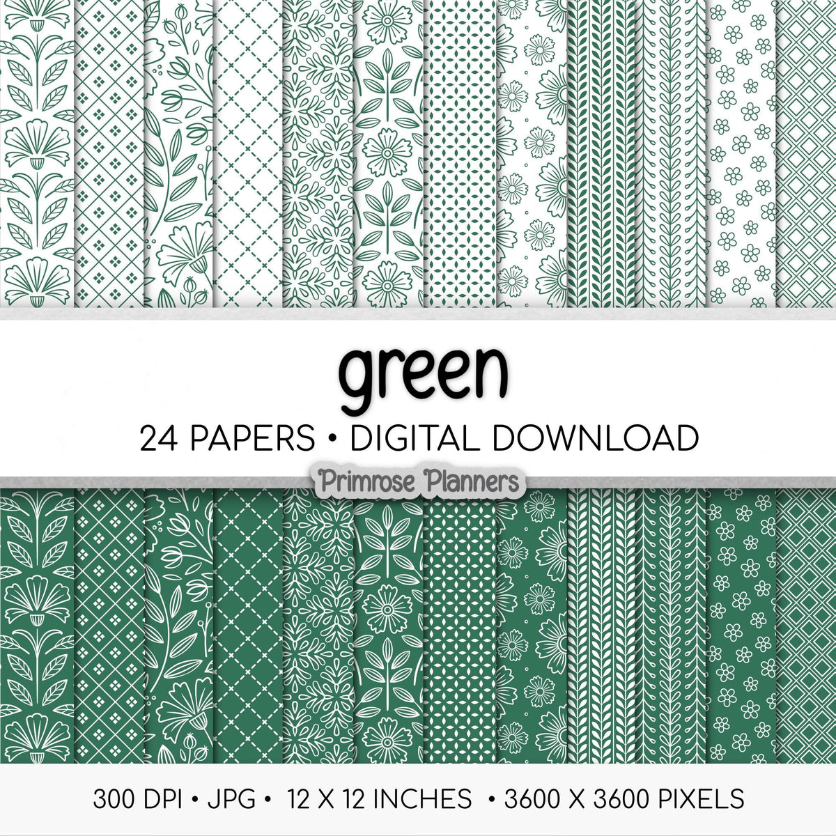 Green and White Digital Paper, Minimalist Boho Patterns, Classic Leaf Green Scrapbooking, Spring & Nature Print