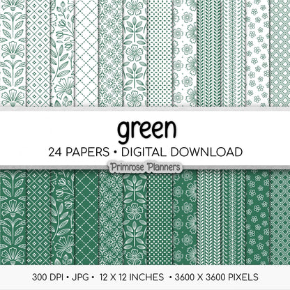 Green and White Digital Paper, Minimalist Boho Patterns, Classic Leaf Green Scrapbooking, Spring & Nature Print