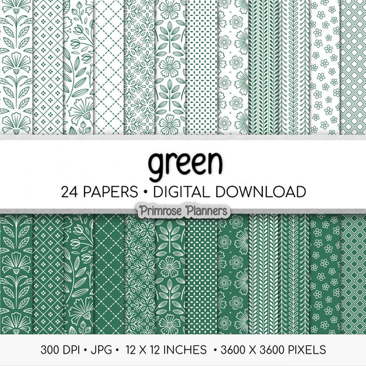 Green and White Digital Paper, Minimalist Boho Patterns, Classic Leaf Green Scrapbooking, Spring & Nature Print