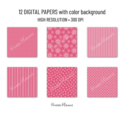 Azalea and White Digital Paper, Minimalist Boho Patterns, Vibrant Garden Pink Scrapbooking, Spring & Summer Print
