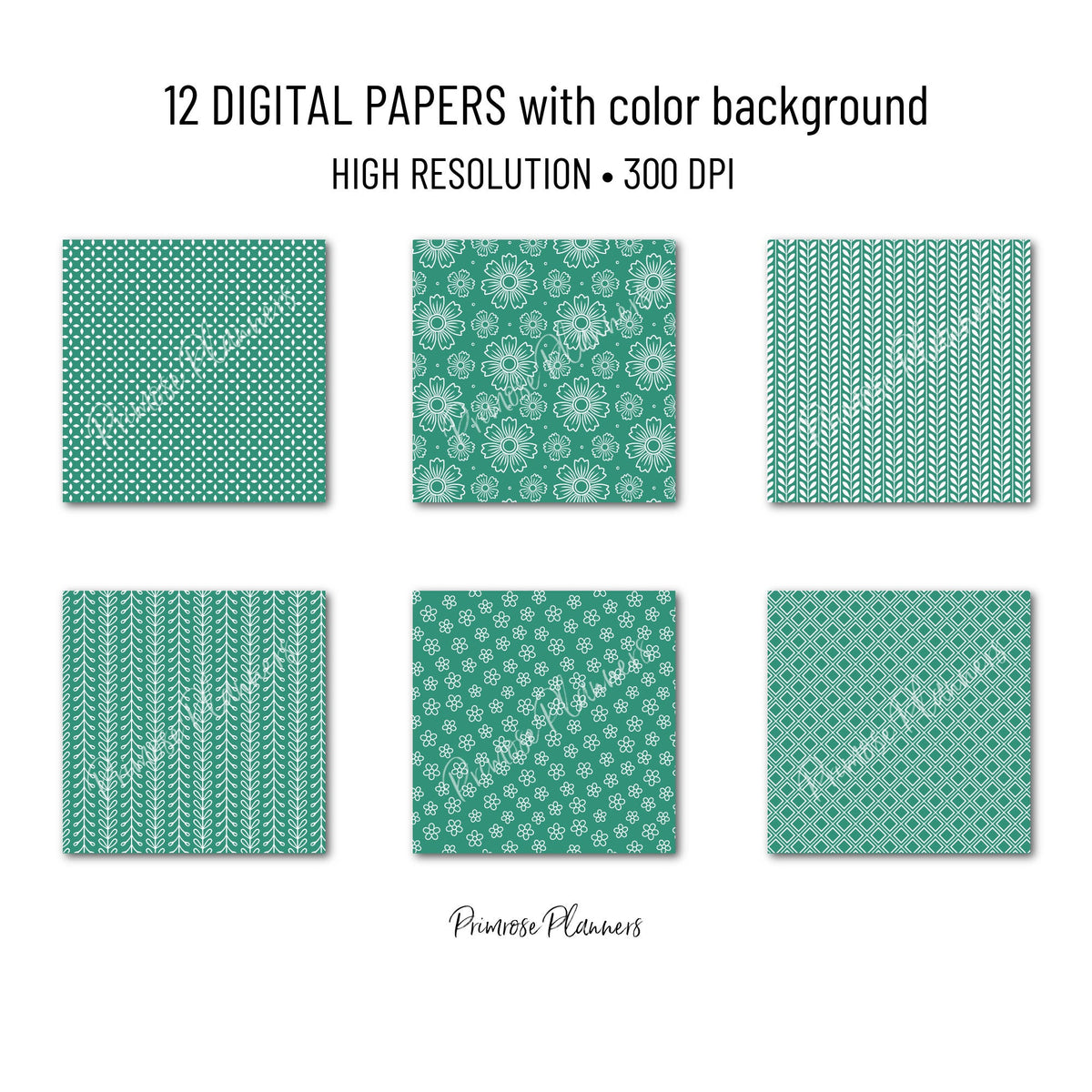 Emerald Green Digital Paper Minimal Boho | White Dainty Floral Seamless Patterns | Jewel Tone Scrapbook Pack