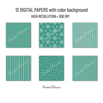 Emerald Green Digital Paper Minimal Boho | White Dainty Floral Seamless Patterns | Jewel Tone Scrapbook Pack
