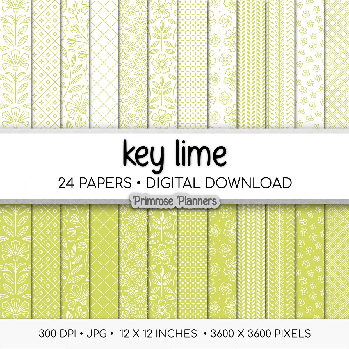 Lime Green and White Digital Paper, Minimalist Flower Patterns, Fresh Citrus Green Backgrounds, Spring Planner Print