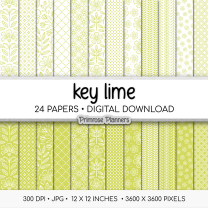 Lime Green and White Digital Paper, Minimalist Flower Patterns, Fresh Citrus Green Backgrounds, Spring Planner Print