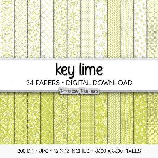 Lime Green and White Digital Paper, Minimalist Flower Patterns, Fresh Citrus Green Backgrounds, Spring Planner Print