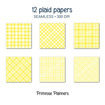 Seamless Chamomile Pale Yellow Plaid Digital Paper, Pastel Buttercream Buffalo Check, Monochrome Spring Backgrounds, Commercial Use