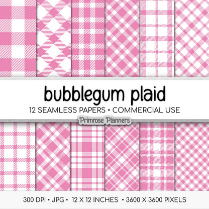 Seamless Bubblegum Pink Plaid Digital Paper, Buffalo Check, Pastel Tartan Patterns, Baby Shower Scrapbook, Commercial Use, 300 DPI