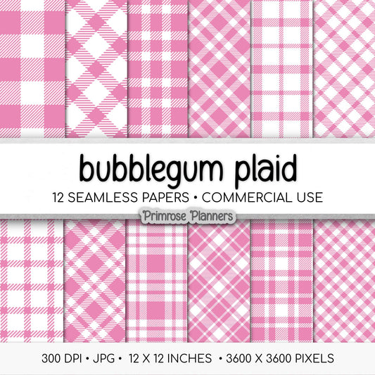 Seamless Bubblegum Pink Plaid Digital Paper, Buffalo Check, Pastel Tartan Patterns, Baby Shower Scrapbook, Commercial Use, 300 DPI