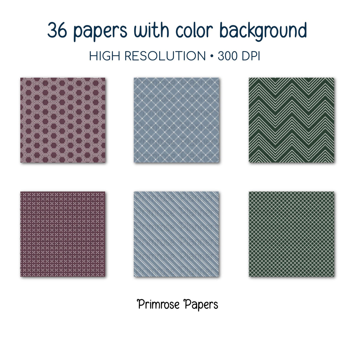 Moody Forest Digital Paper Bundle | Minimal Floral & Geometric Patterns | Mulberry, Dark Green, Dusty Blue | Scrapbook Backgrounds