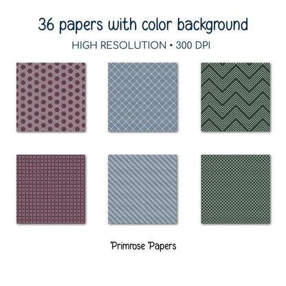 Moody Forest Digital Paper Bundle | Minimal Floral & Geometric Patterns | Mulberry, Dark Green, Dusty Blue | Scrapbook Backgrounds