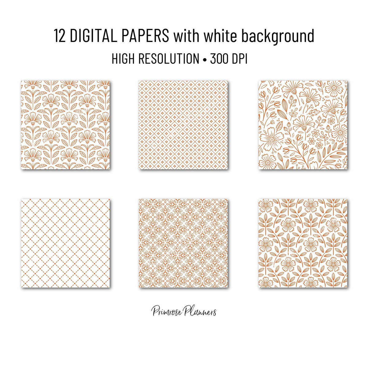 Rust Orange Digital Paper Pack, Minimal Boho Floral Patterns, Terracotta & White Scrapbook, Burnt Orange Background