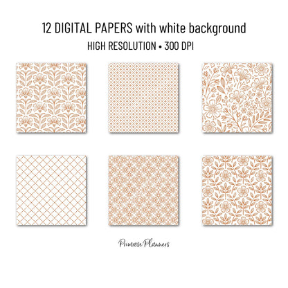 Rust Orange Digital Paper Pack, Minimal Boho Floral Patterns, Terracotta & White Scrapbook, Burnt Orange Background