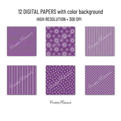 Grape and White Digital Paper, Minimalist Boho Patterns, Vibrant Royal Purple Scrapbooking, Kids & Party Print