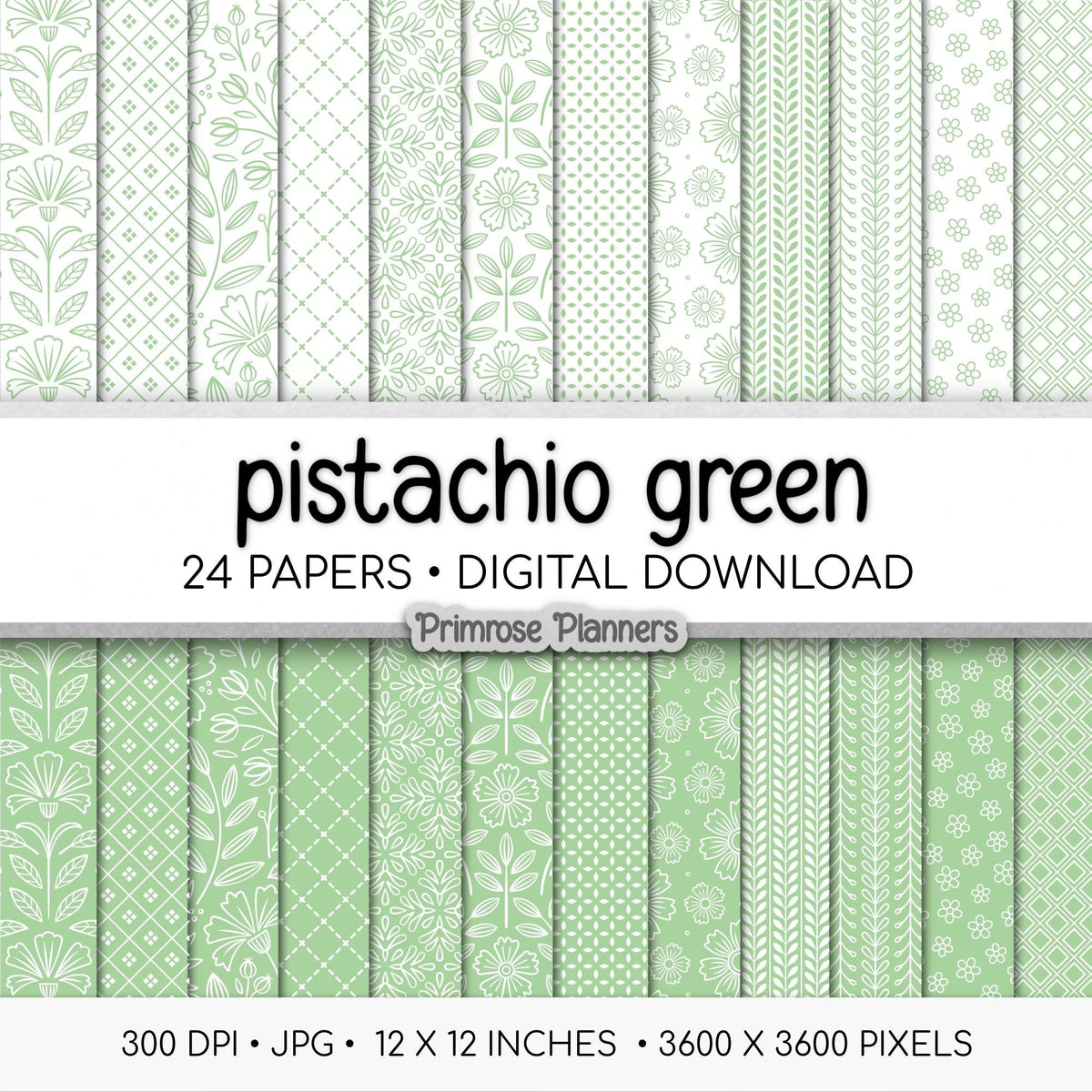 Pistachio Green Digital Paper, Minimal Boho Floral Seamless Patterns, Pastel Mint & White Scrapbook Paper, Soft Spring Background