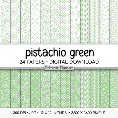 Pistachio Green Digital Paper, Minimal Boho Floral Seamless Patterns, Pastel Mint & White Scrapbook Paper, Soft Spring Background
