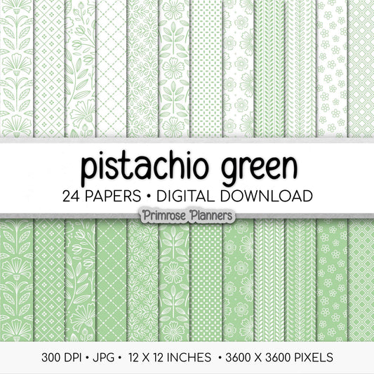 Pistachio Green Digital Paper, Minimal Boho Floral Seamless Patterns, Pastel Mint & White Scrapbook Paper, Soft Spring Background