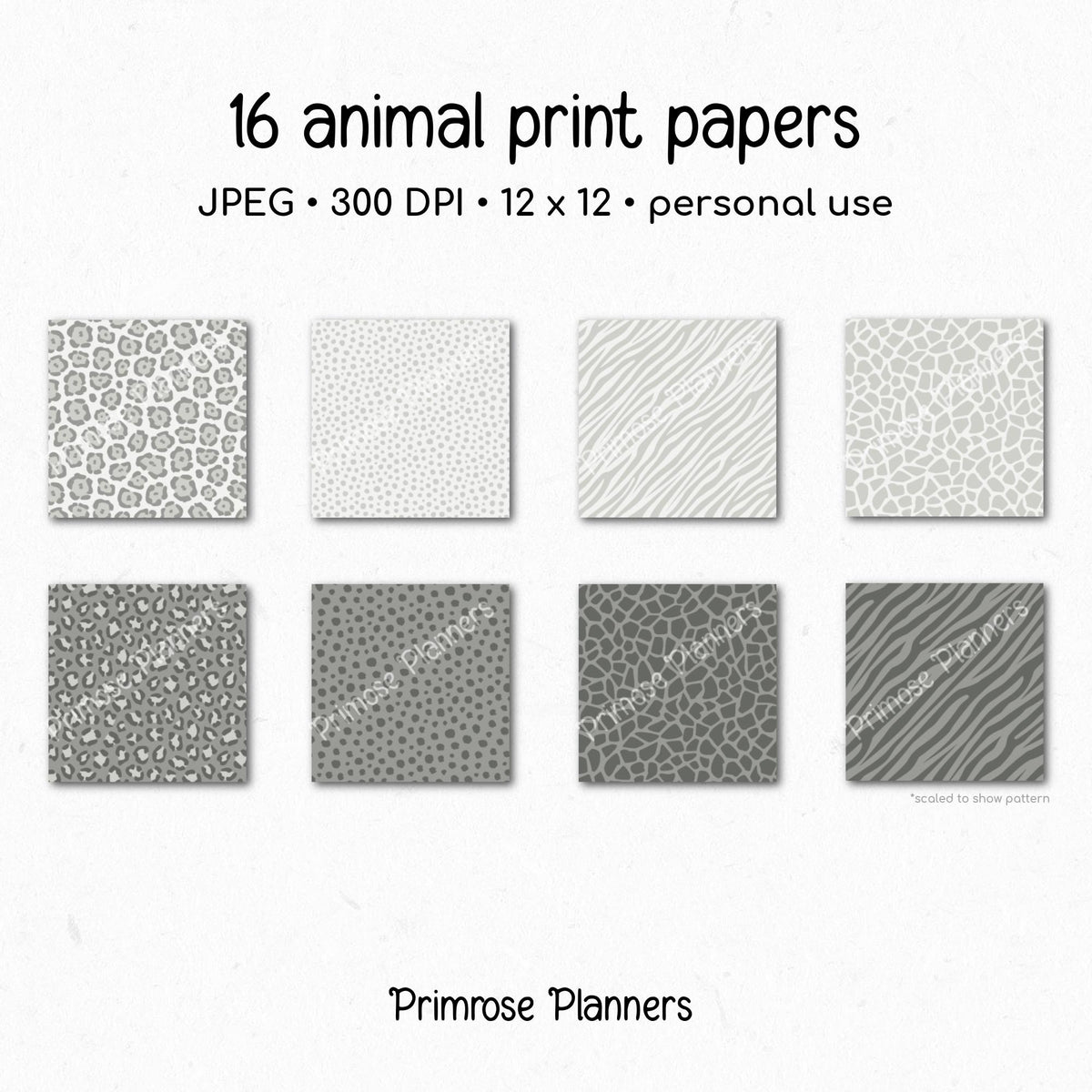 Gray Animal Print Digital Paper Pack – Leopard, Zebra, Giraffe Patterns (Digital Download)