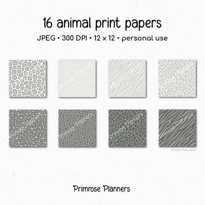 Gray Animal Print Digital Paper Pack – Leopard, Zebra, Giraffe Patterns (Digital Download)