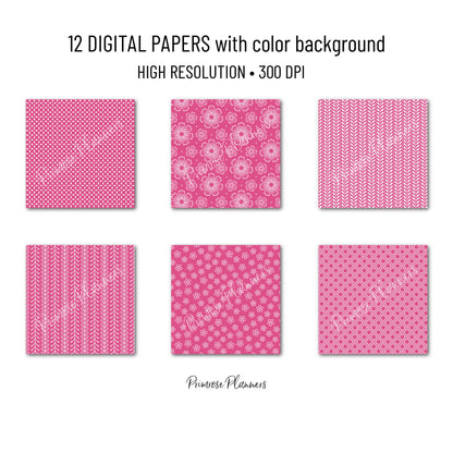 PETUNIA PINK Patterns Digital Paper Pack | Digital Striped Paper | Printable Scrapbook Paper | Instant Download | Floral, Flowers, Dots
