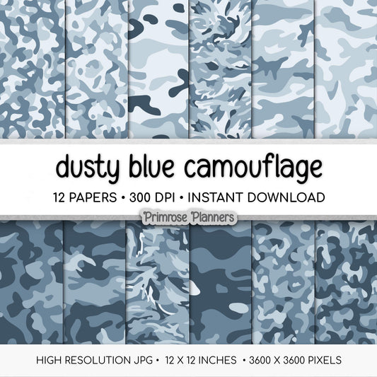 Dusty Blue Camouflage Digital Paper, Scrapbook Background, Army Pattern (Instant Download)
