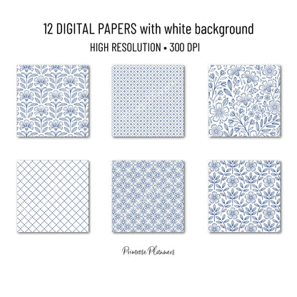 Nautical Blue Digital Paper Minimal Boho | Navy White Patterns | Dainty Coastal Scrapbook Pack