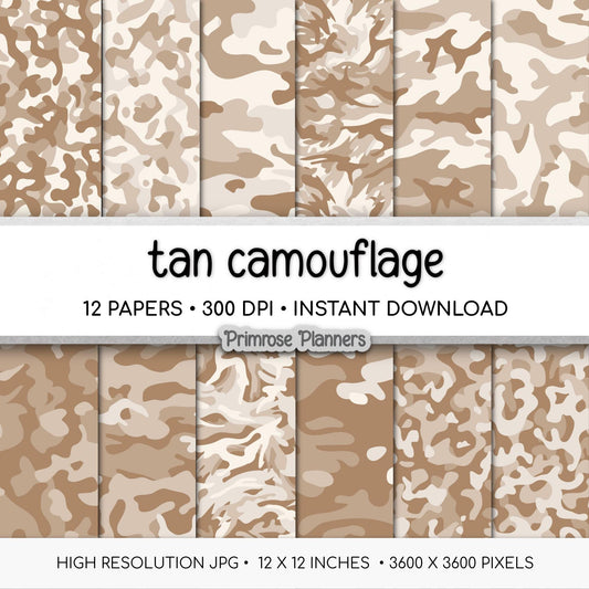 Kraft Brown Tan Camouflage Digital Paper, Neutral Camo Scrapbook Paper, Rustic Army Print Background, Instant Download