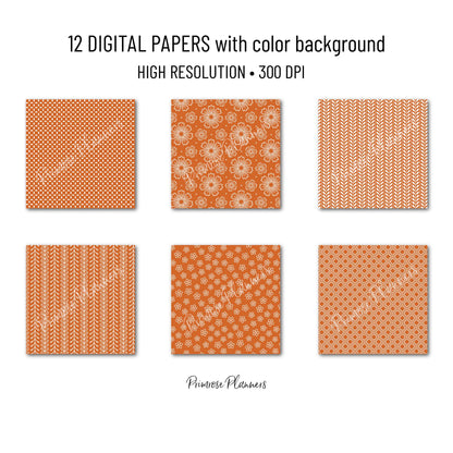 Rust Orange Digital Paper Pack, Minimal Boho Floral Patterns, Terracotta & White Scrapbook, Burnt Orange Background