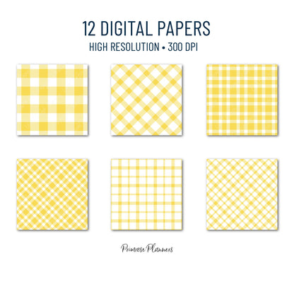 Primrose Yellow Plaid Digital Paper, Pastel Tartan Patterns, Spring Scrapbook Background, Commercial Use, 300 DPI, Yellow and White