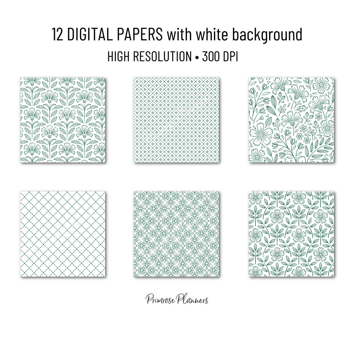 Green and White Digital Paper, Minimalist Boho Patterns, Classic Leaf Green Scrapbooking, Spring & Nature Print