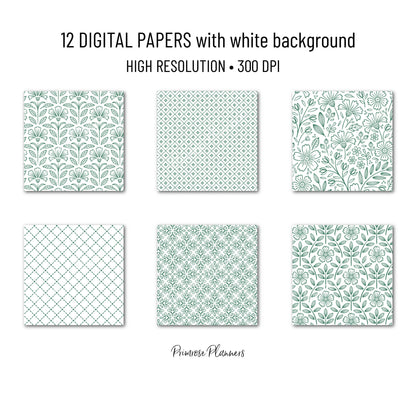 Green and White Digital Paper, Minimalist Boho Patterns, Classic Leaf Green Scrapbooking, Spring & Nature Print