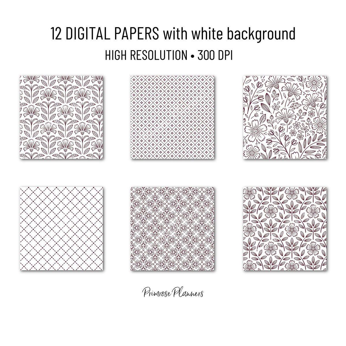 Mulberry and White Digital Paper, Minimalist Boho Patterns, Deep Burgundy Scrapbooking, Marsala Wedding & Planner Print