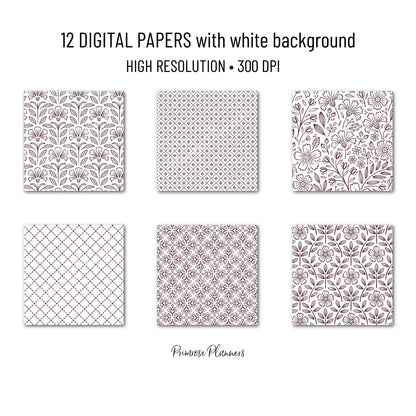 Mulberry and White Digital Paper, Minimalist Boho Patterns, Deep Burgundy Scrapbooking, Marsala Wedding & Planner Print