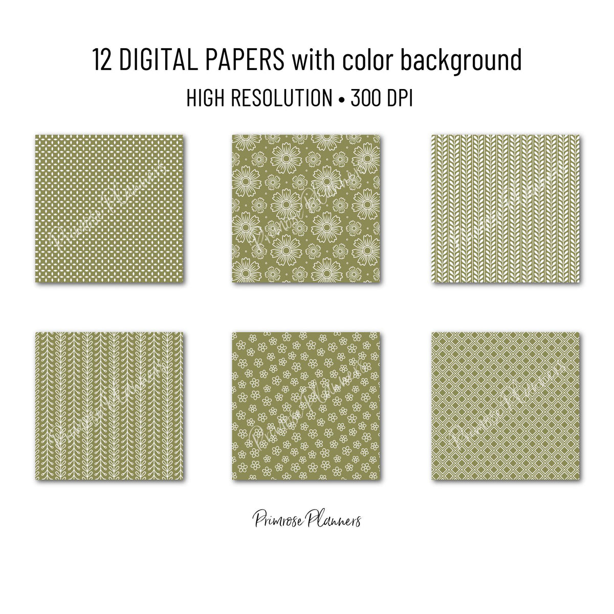 Martini Olive Green Floral Digital Paper, Minimal White Flower Patterns, Dark Earthy Scrapbook Backgrounds