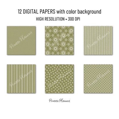 Martini Olive Green Floral Digital Paper, Minimal White Flower Patterns, Dark Earthy Scrapbook Backgrounds