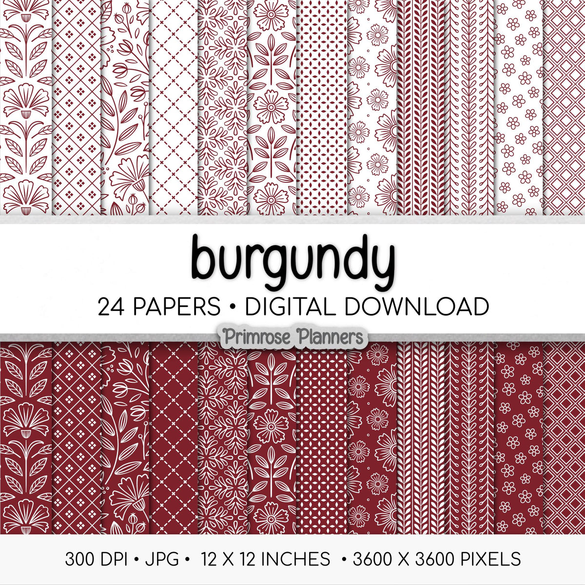Burgundy Digital Paper | Minimal Floral Patterns | Deep Wine, Maroon & White | Printable Wedding and Scrapbook Backgrounds